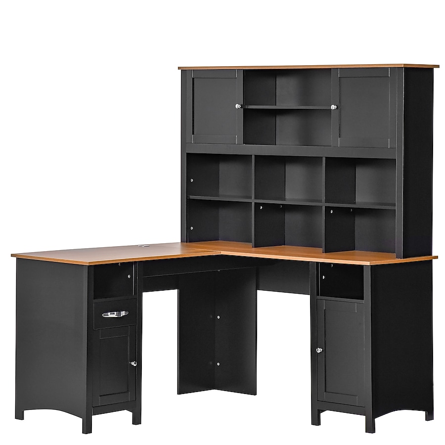 L-Shaped Computer Desk with Hutch, Black