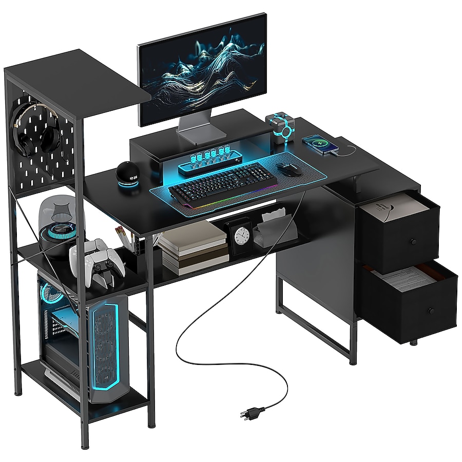Computer Desk with Power Outlets and LED Lights, Black