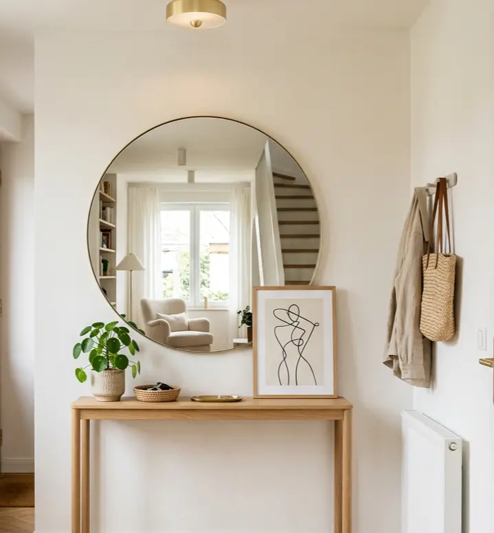 A stylish, small entryway featuring a large round mirror above a minimalist console table with a small potted plant and framed art, illuminated by soft layered lighting to create an airy and welcoming atmosphere.