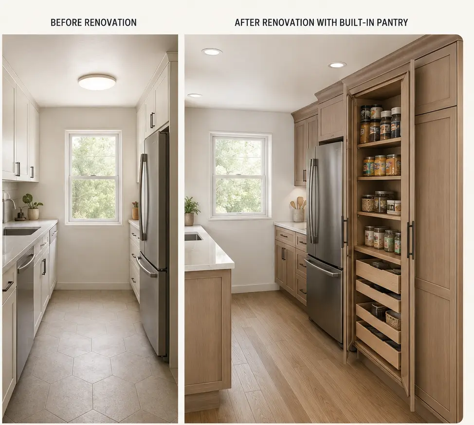 Before-and-after comparison of a small kitchen renovation showing a built-in pantry integrated into the existing cabinetry to maximize storage space
