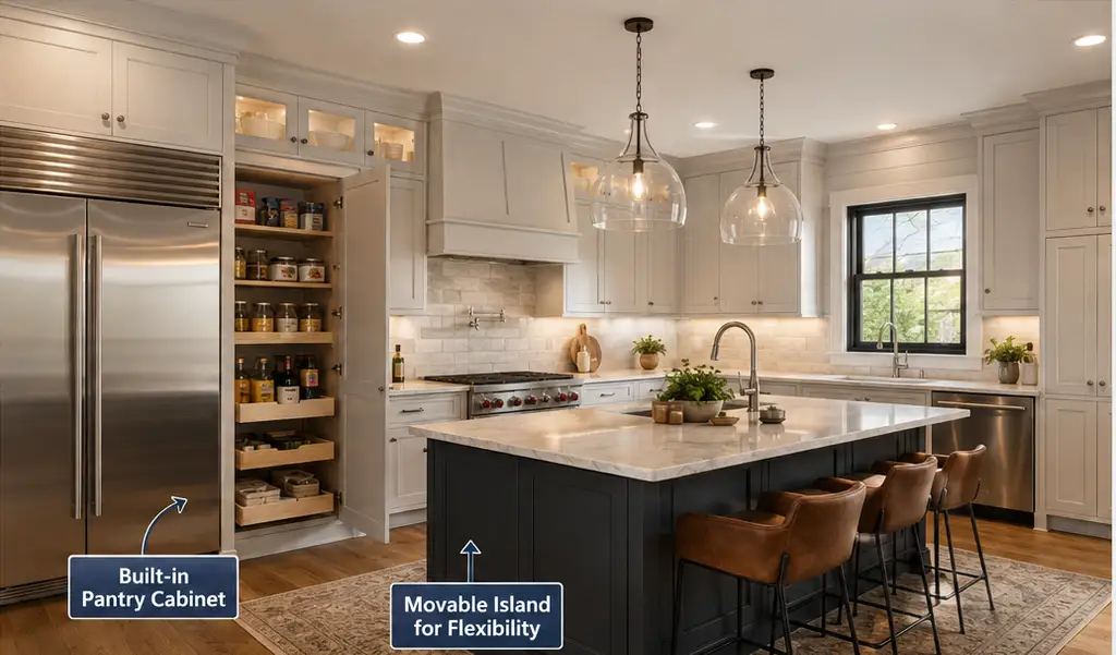 Large remodeled kitchen with built-in pantry cabinet and movable kitchen island for long-term storage and flexibility