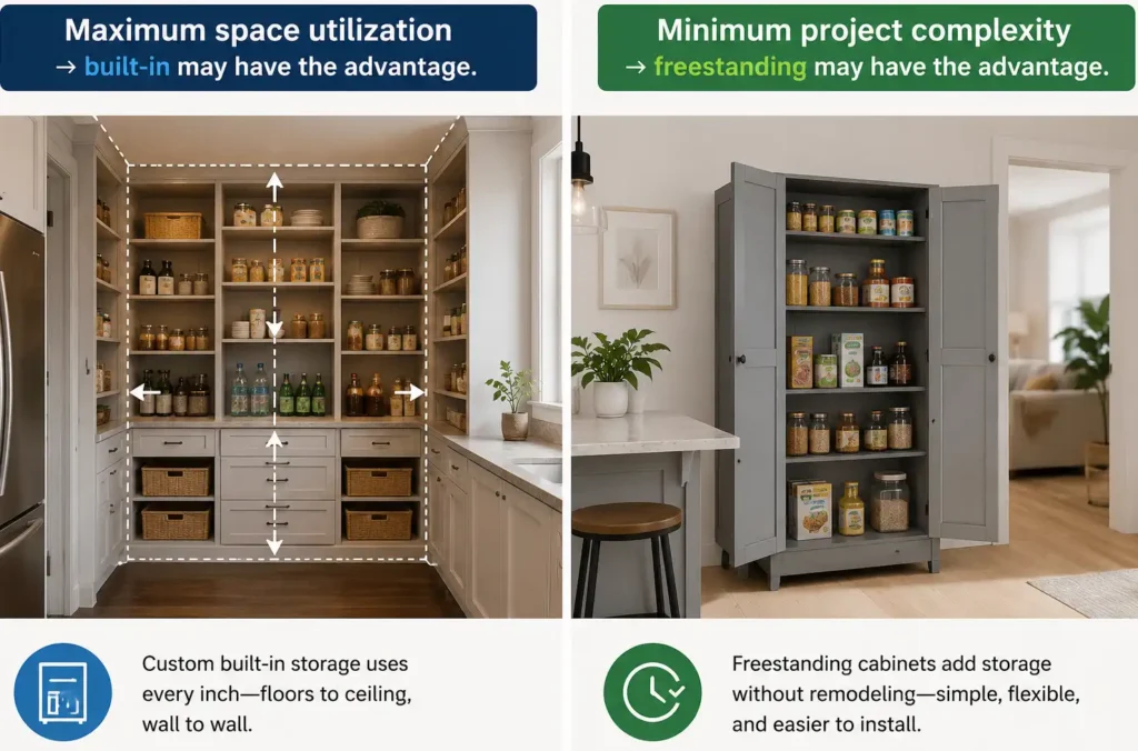 Comparison of built-in and freestanding pantry storage showing maximum space utilization with custom cabinetry versus lower project complexity with a flexible freestanding cabinet