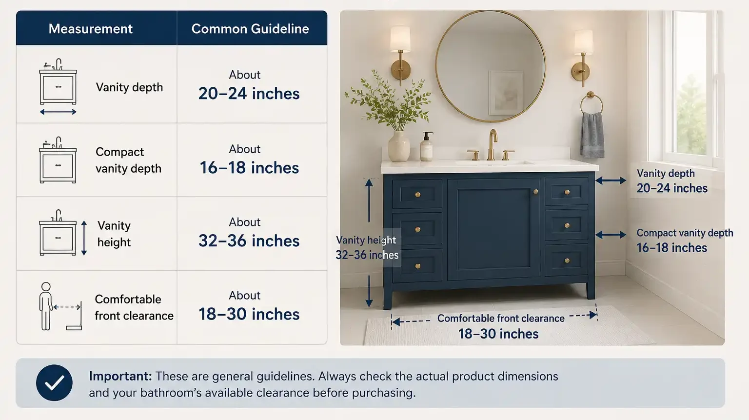 Bathroom vanity measurement guide showing common vanity depth, compact vanity depth, vanity height, and front clearance guidelines with labeled dimensions.