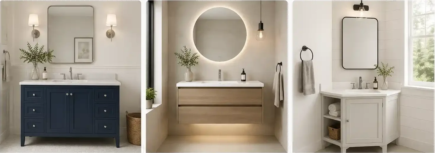 Comparison of freestanding, wall-mounted floating, and corner bathroom vanities, showing their key features, storage benefits, space-saving advantages, and installation considerations.