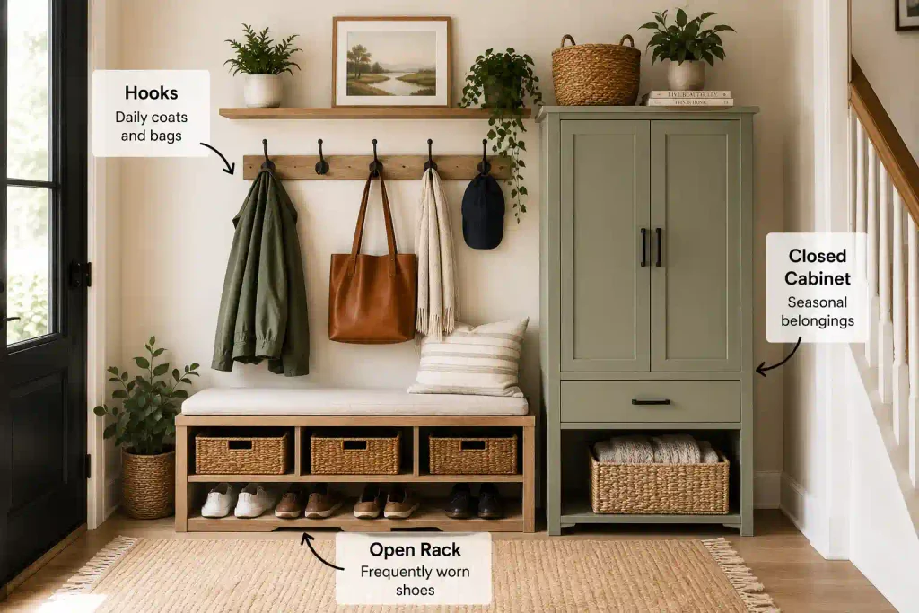 Hooks for daily coats and bags, an open shoe rack for frequently worn footwear, and a closed cabinet for seasonal belongings in an organized entryway.