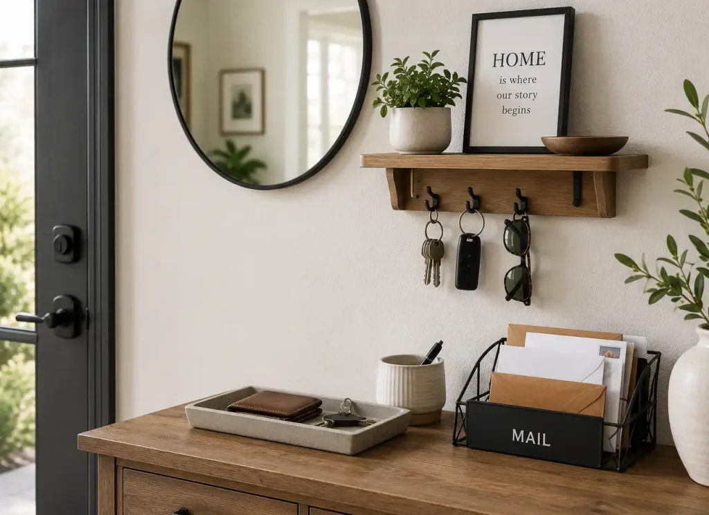 Modern entryway storage with a wooden console, wall-mounted key hooks, catchall tray for keys and wallet, mail organizer, and decorative mirror.