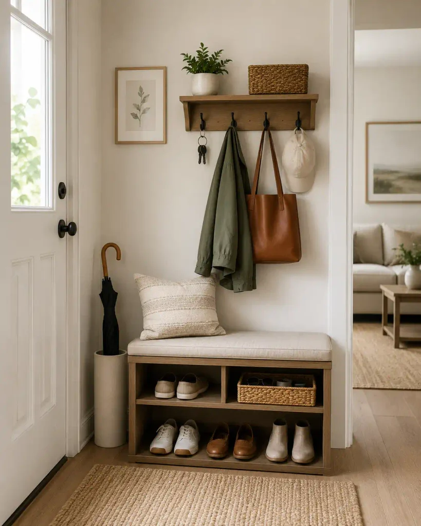 Small entryway with a compact storage bench, shoe shelves, wall hooks, and a woven basket, maximizing storage while keeping the hallway open and organized.