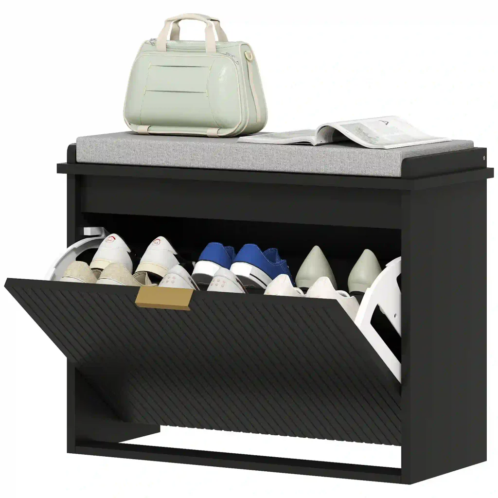 HOMCOM Shoe Storage Bench with Padded Seat Cushion and Flip-Drawer, Entryway Bench, Shoe Cabinet, 24.4x10.2x18.7 Inches, Black