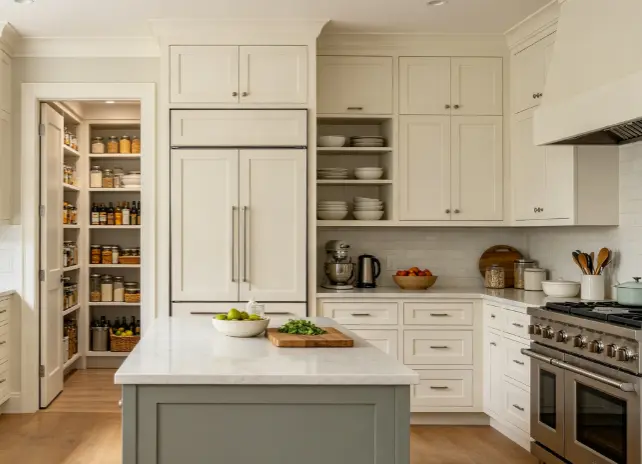 Modern kitchen with built-in pantry cabinet and floor-to-ceiling cabinetry, showing permanent integrated kitchen storage