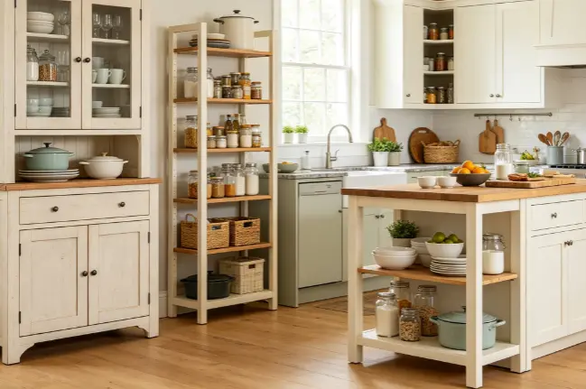 Freestanding kitchen storage with portable kitchen island, standalone shelving and freestanding pantry cabinet in a modern home kitchen