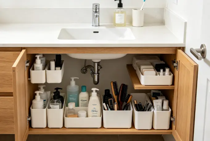 Bathroom sink area with clean countertop and organized under-sink storage for cleaning supplies, personal-care products and backup toiletries