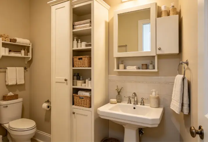 Compact small bathroom with tall narrow cabinet, wall-mounted cabinet and over-the-toilet vertical storage