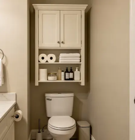 Compact small bathroom with over-the-toilet storage cabinet holding spare toilet paper, towels and toiletries
