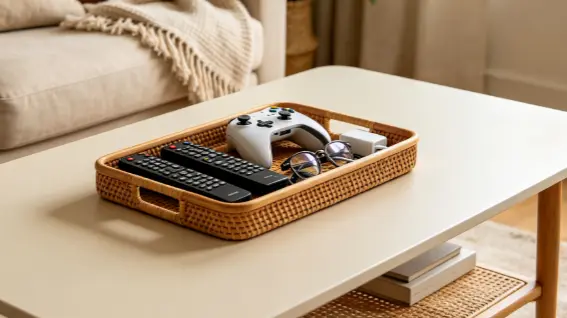 Modern living room coffee table with a tray containing remote controls, chargers, controllers and small accessories, clean surface and neutral home decor