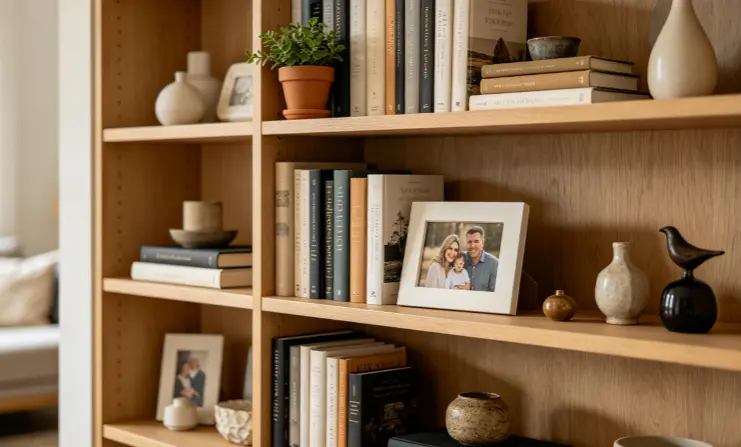 Open shelves and bookcases in a modern living room, displaying books, plants, photos, decorative objects and collections with intentional organization