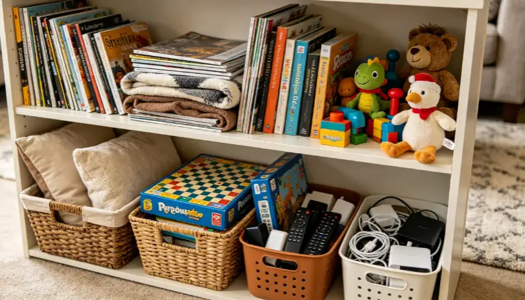 Living room storage items including books, magazines, blankets, pillows, toys, games, remote controls, electronics accessories, cables, chargers and decorative objects