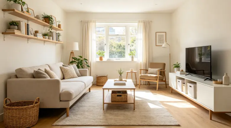 Visually lighter and more organized living room with open shelves, storage baskets, minimal clutter, light neutral furniture and balanced decor