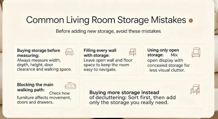 Common living room storage mistakes infographic: buying storage before measuring, filling every wall, using only open storage, blocking walking paths, and buying more storage instead of decluttering