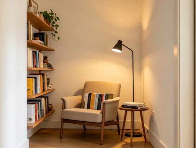Reading and display zone in a living room with a narrow bookcase, reading chair, compact side table, lamp, books, plants and decorative objects