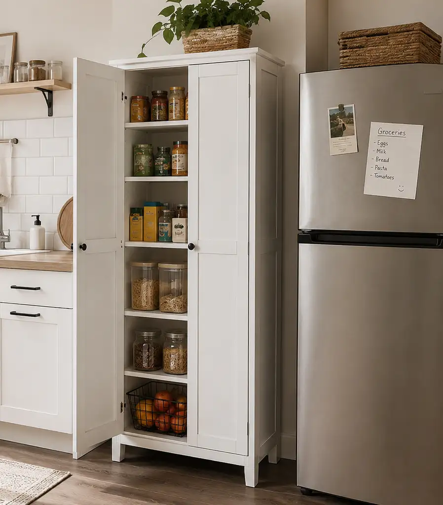 Freestanding pantry cabinet providing additional food storage in a small rental kitchen without permanent remodeling