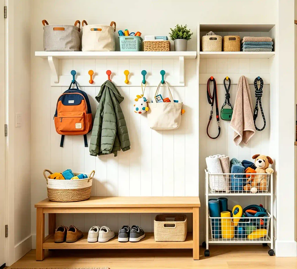 Home entryway storage image showing family-friendly hooks and baskets for children, a dedicated pet supply area for leashes, towels and outdoor accessories, and a compact storage system suitable for a single person or couple.