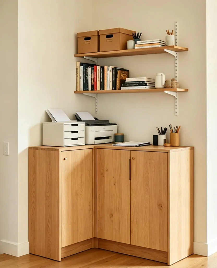 Home corner storage image showing an awkward corner transformed with a compact corner unit, narrow shelving and appropriately sized cabinet, while keeping doors, stairs and walking route clear.