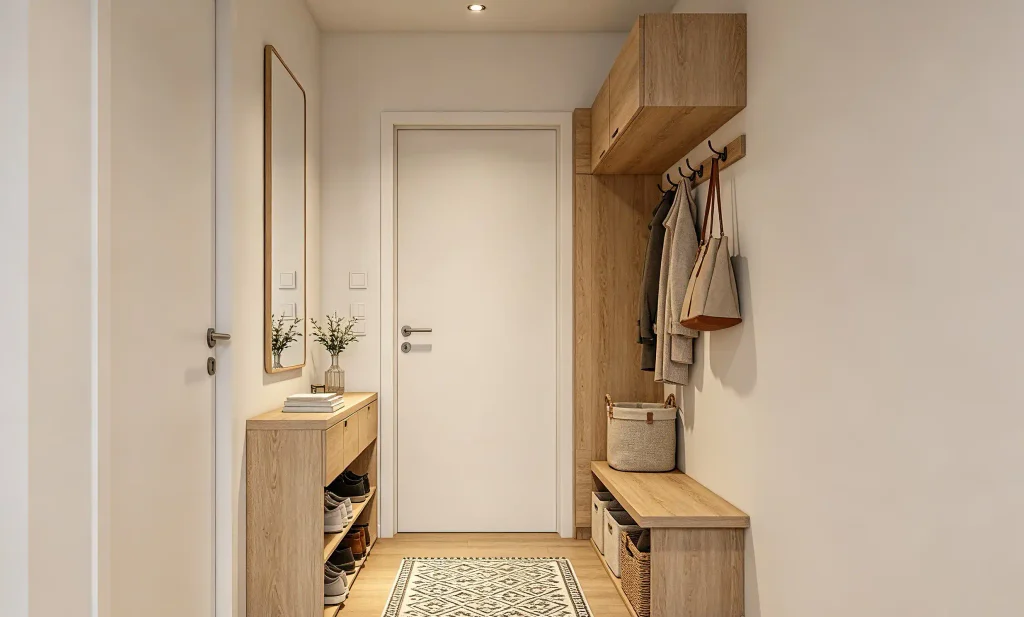 Modern neutral entryway with multi‑storage solutions: wooden shoe cabinet, wall coat hooks, storage bench, woven baskets, full‑length mirror, organized small hallway foyer with light wood finishes