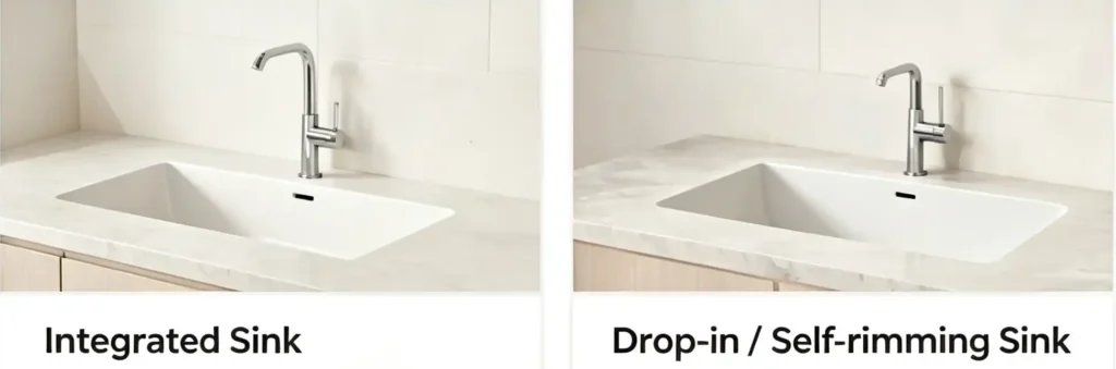 Side‑by‑side comparison photo of integrated sink and drop‑in self‑rimming sink, modern bathroom with marble countertops and chrome faucets