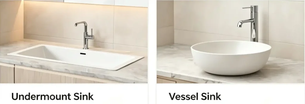 Side‑by‑side photo comparison of undermount sink and vessel sink in modern bright bathrooms, marble countertops with chrome faucets