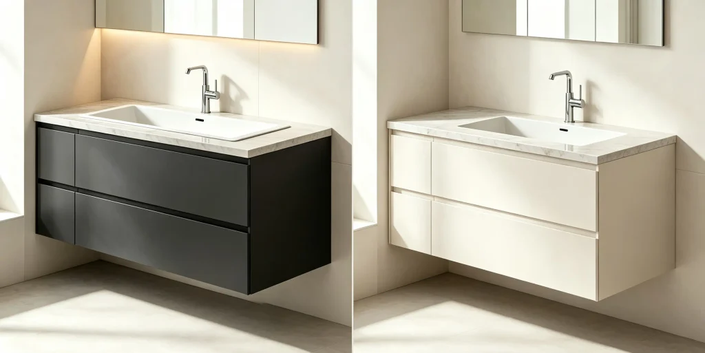 Bathroom vanity visual weight blog image comparing dark detailed vanity as a strong focal point with lighter simpler vanity for a more open bathroom appearance