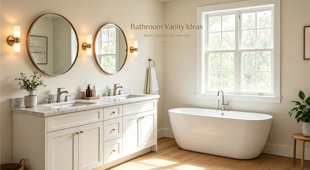 Decorative bathroom vanity blog image: modern light bathroom with white double vanity, quartz countertop, round mirror, soft lighting, natural wood tones and greenery
