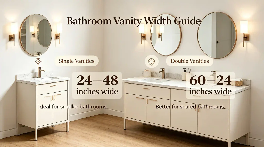 Bathroom vanity width guide photo: single vanities 24–48 inches wide for smaller bathrooms and double vanities 60–84 inches wide for shared bathrooms, with real bathroom styling and clear text labels