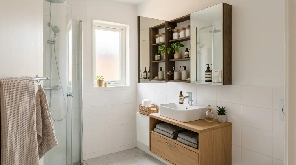Wood bathroom vanity with vessel sink and wall‑mounted mirrored bathroom cabinet, bright modern bathroom with glass shower enclosure, towels and houseplants, light wood furniture and white tiled walls.