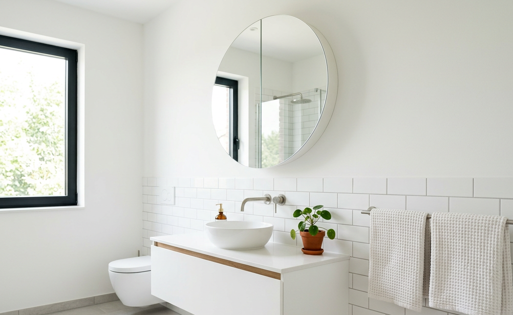 Modern floating bathroom vanity with vessel sink, round wall‑mount bathroom mirror, white subway tile wall, bright minimalist bathroom with toilet, potted plant and woven towels.
