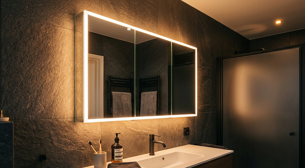 LED illuminated bathroom medicine cabinet with lighted mirror, modern dark‑toned bathroom, bathroom vanity, dark stone tile wall, warm ambient lighting, frosted shower door.