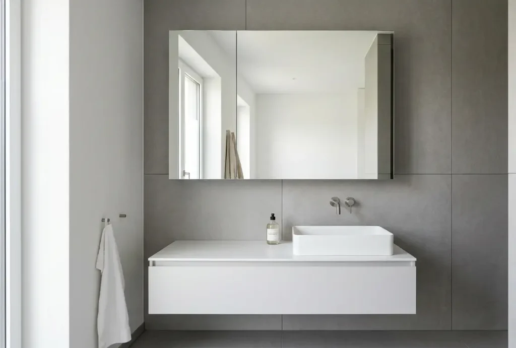Minimal modern bathroom, floating white bathroom vanity with vessel sink, wall‑mount mirrored medicine cabinet, large grey matte tile wall, simple towel and bathroom accessories.