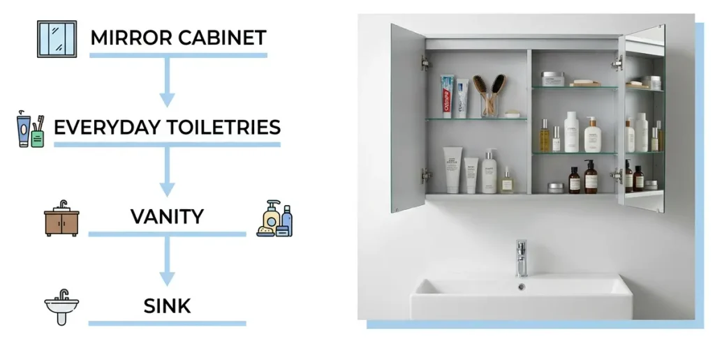 Small bathroom storage infographic, dedicated grooming zone visual hierarchy: mirror cabinet, everyday toiletries, bathroom vanity, sink, open mirrored medicine cabinet above sink with organized bath products, blog explanatory graphic.