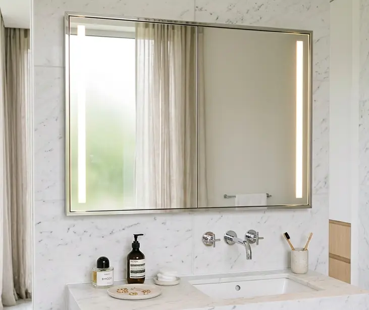 Modern illuminated bathroom medicine cabinet mirror with integrated LED side lighting, mounted on marble tile wall above stone vanity sink in bright luxury bathroom