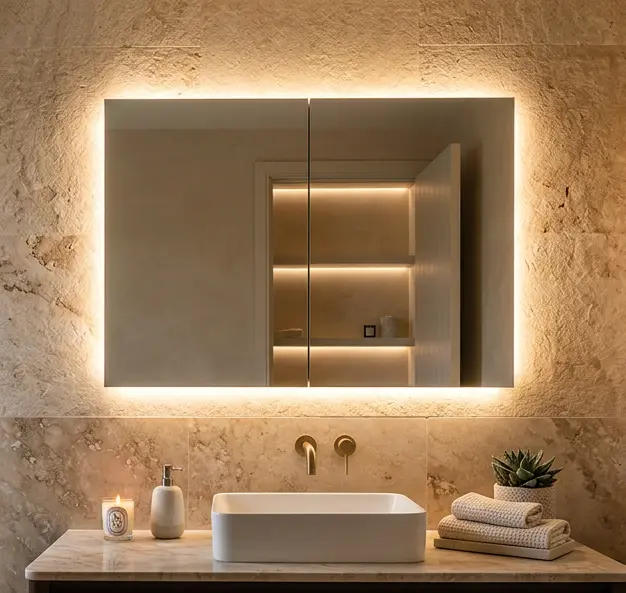Backlit LED bathroom mirrored medicine cabinet with internal illuminated shelves, wall‑mounted above vessel sink in warm travertine stone bathroom