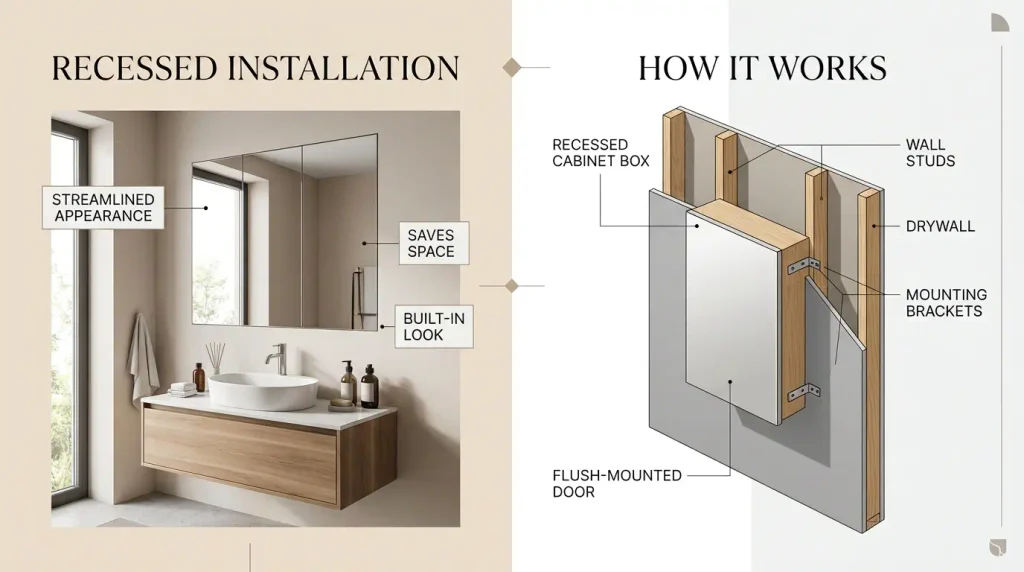 Recessed installation infographic for bathroom mirrored medicine cabinet, real‑world bathroom render and cross‑section diagram showing wall studs, drywall, mounting brackets and flush‑mount door, highlighting streamlined built‑in space‑saving benefits