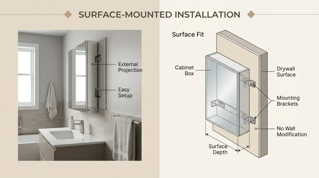 Surface‑mounted installation infographic for bathroom medicine cabinet, bathroom scene and technical cutaway diagram showing mounting brackets, drywall surface, external projection, easy setup and no wall modification requirement