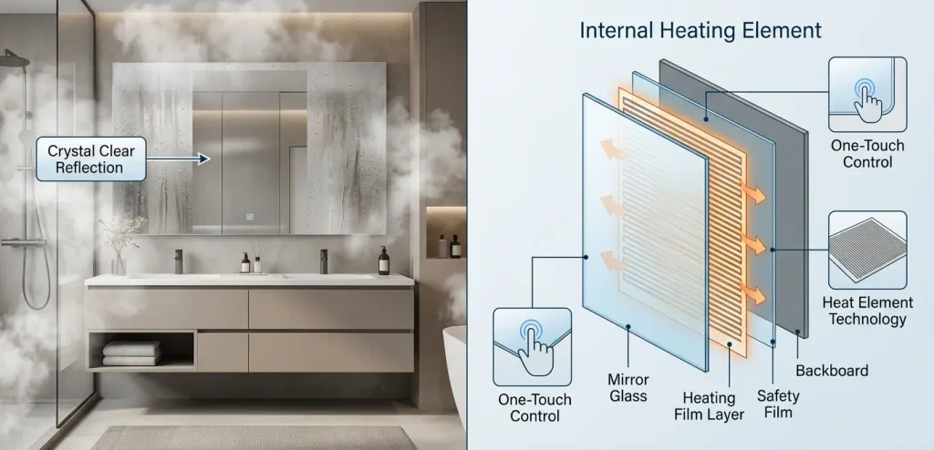 Anti‑fog bathroom mirror infographic showing internal heating element technology, steamy bathroom scene with crystal‑clear mirror reflection and exploded‑view diagram of heating film layer, one‑touch control and safety film structure
