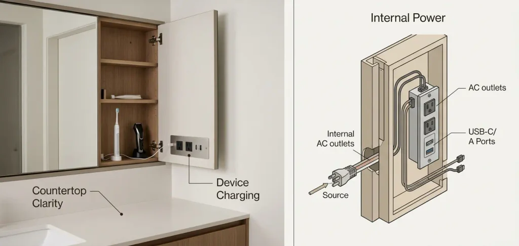 Medicine cabinet internal power feature infographic, bathroom scene showing built‑in AC outlets and USB‑C ports for device charging, technical cutaway diagram illustrating internal power supply structure inside mirrored bathroom cabinet