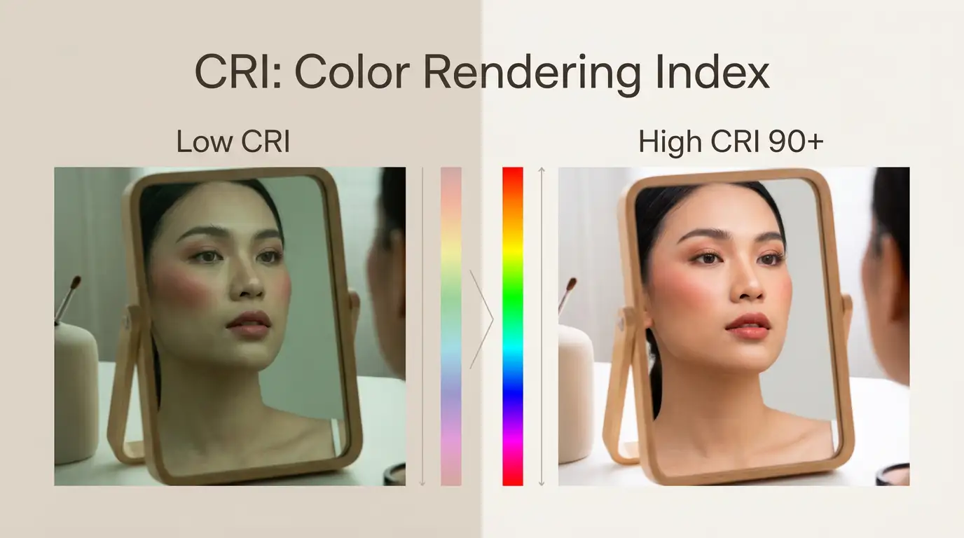 CRI Color Rendering Index comparison infographic, side‑by‑side makeup mirror demo showing low‑CRI distorted color versus high CRI 90+ true‑to‑life color reproduction with visible color spectrum bar