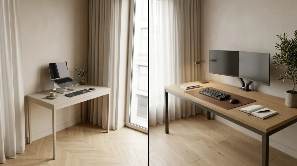 Split view of two minimalist rectangular writing desks. Left: slim light rectangular desk with laptop, keyboard and small plant in bedroom corner. Right: larger wooden rectangular desk with dual monitors, keyboard and notebook in bright home office, sheer curtains, neutral tone interior, light visual profile workstation.