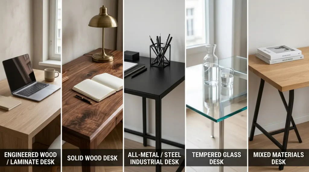 5-panel collage showcasing different rectangular writing desk materials: engineered wood laminate desk, solid wood desk, all-metal steel industrial desk, tempered glass desk, mixed materials desk. Each desk styled with office accessories in bright minimalist home interior, labelled with material names.
