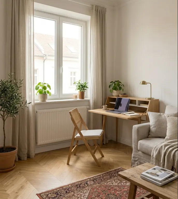 Compact light wood writing desk with folding chair in small multi-purpose living room workspace, neutral European home interior, window with linen curtains, houseplants, laptop and coffee cup on desk, space-saving workstation for small bedroom or living room.