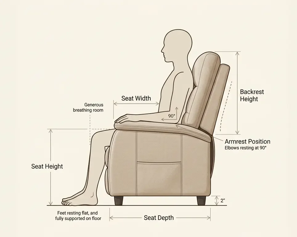 Line diagram showing a person sitting in a power lift recliner with measurement labels for seat height, seat width, seat depth, backrest height and armrest position, illustrating proper ergonomic seating fit.
