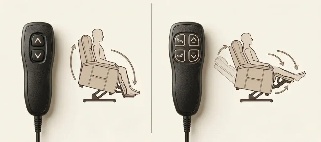 Side-by-side comparison of two power lift recliner hand controls: 2-button single-motor remote and 4-button dual-motor remote, paired with line illustrations showing their different chair movement functions.