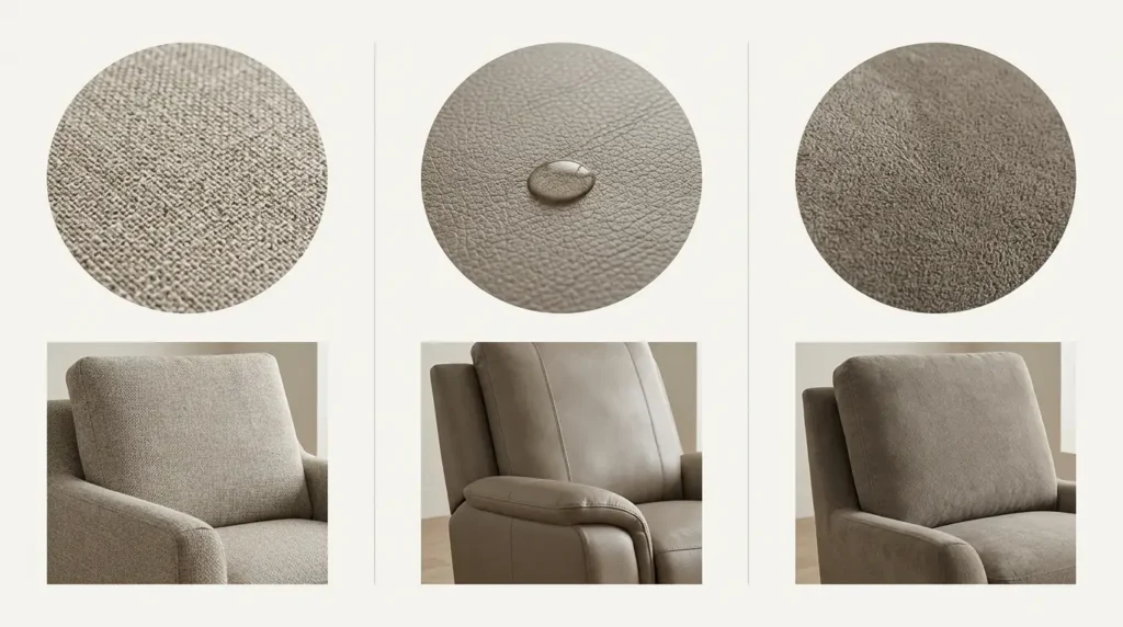 Comparison image of three power lift recliner upholstery materials: woven fabric, water-resistant faux leather with water drop demonstration, and soft suede-like fabric, with close-up texture circles and matching chair photos.